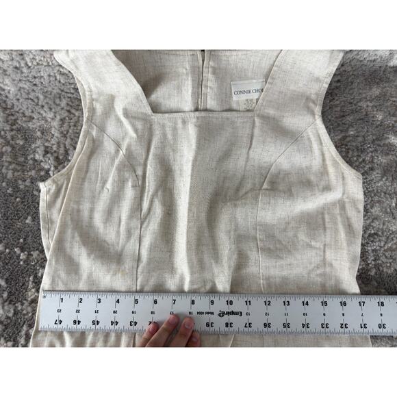 Connie Choi Size S Linen Blend Square Neck Mini Shift Dress Beige Sleeveless Zip - Picture 7 of 10
